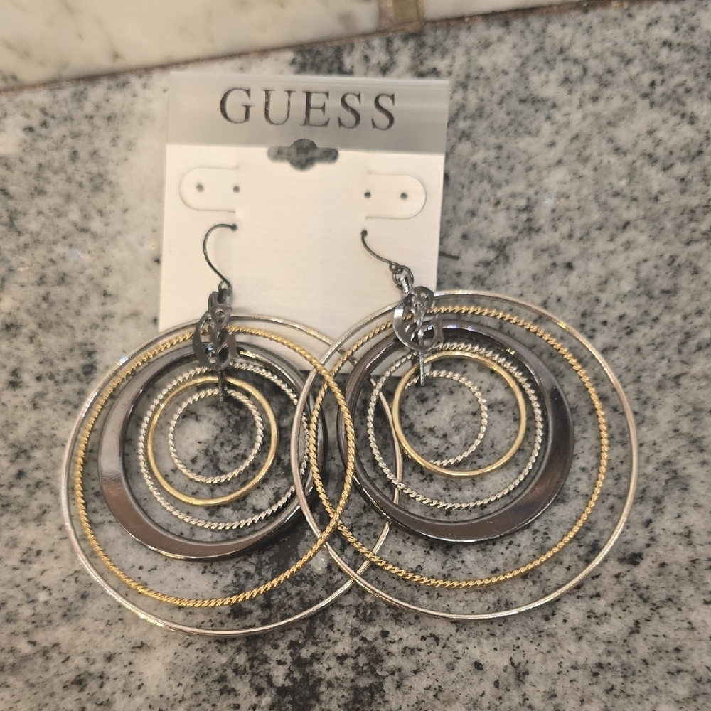 Guess Mixed Metals Circle Hoop Dangle Earrings